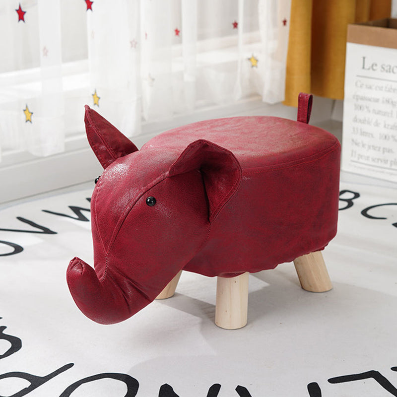 Red Children Round Ottoman Stool Elephant Character Pu Sponge Pine 28x26cm