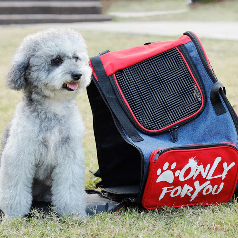 Red Pet Carrier Backpack Oxford Cloth Breathable Mesh Safety Travel Bag