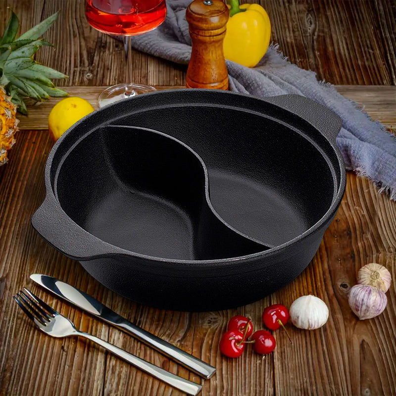 32CM Round Cast Iron Shabu Shabu Hot Pot Two Flavor Divider Preseasoned Black