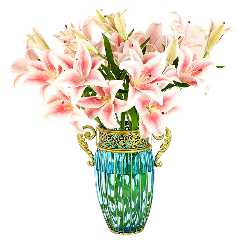 Blue Glass Flower Vase Two Gold Metal Handles 12x14x27cm European Decor