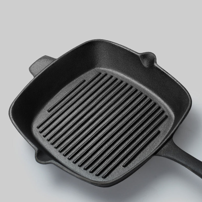 2X Square Cast Iron Frying Pan Skillet 26cm Ribbed Sizzle Platter Handle