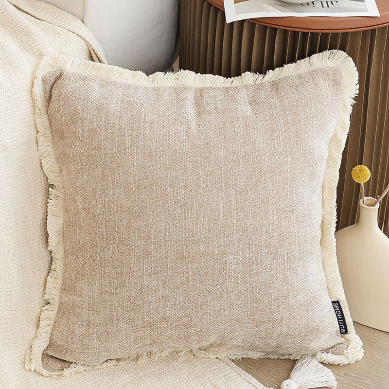 2X 45cm Plush Velvet Chenille Tassel Square Throw Pillow Milk Coffee