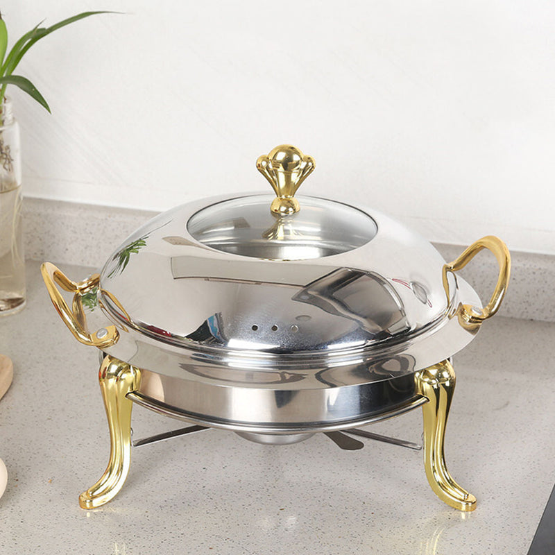 Stainless Steel Round Buffet Chafer Food Warmer Gold Accents Glass Lid 34cm
