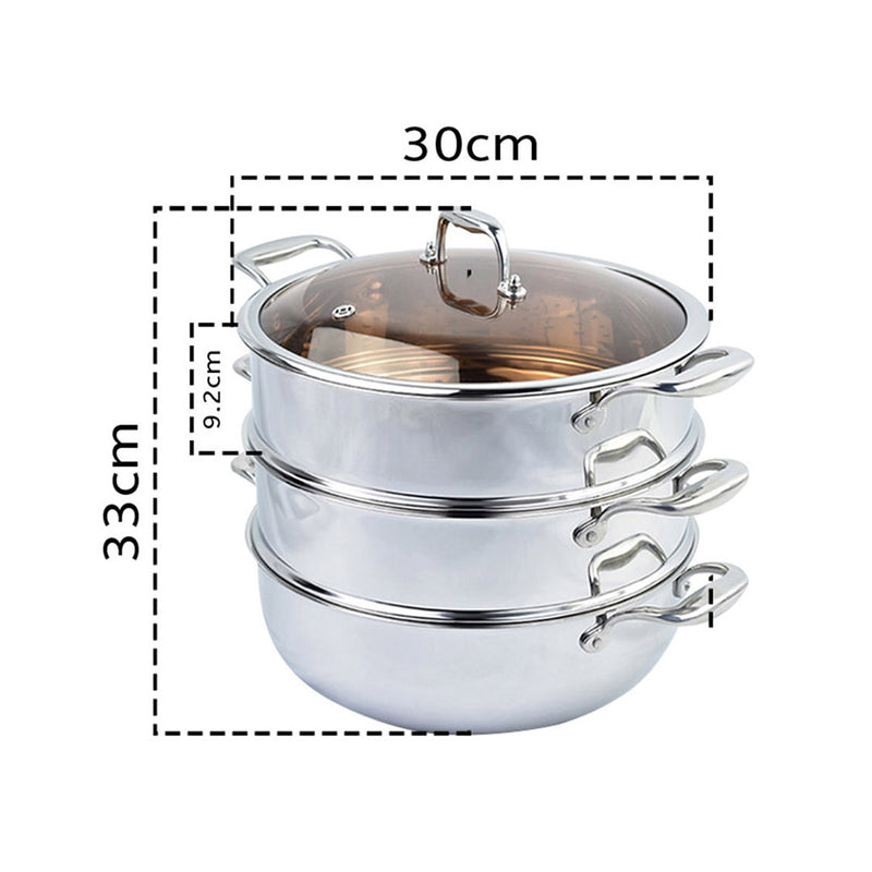 2X 3 Tier 30cm Heavy Duty Stainless Steel Food Steamer Stackable Glass Lid