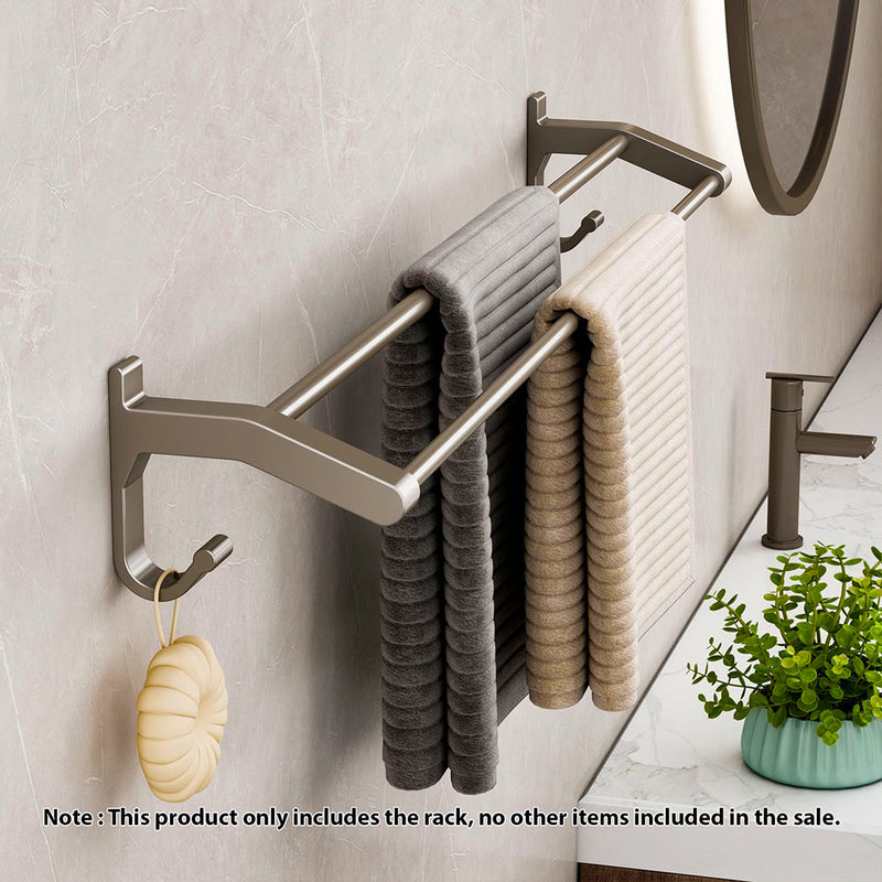 62cm Aluminum Wall Mounted Double Pole Towel Rack Gray Rust Proof With Hooks
