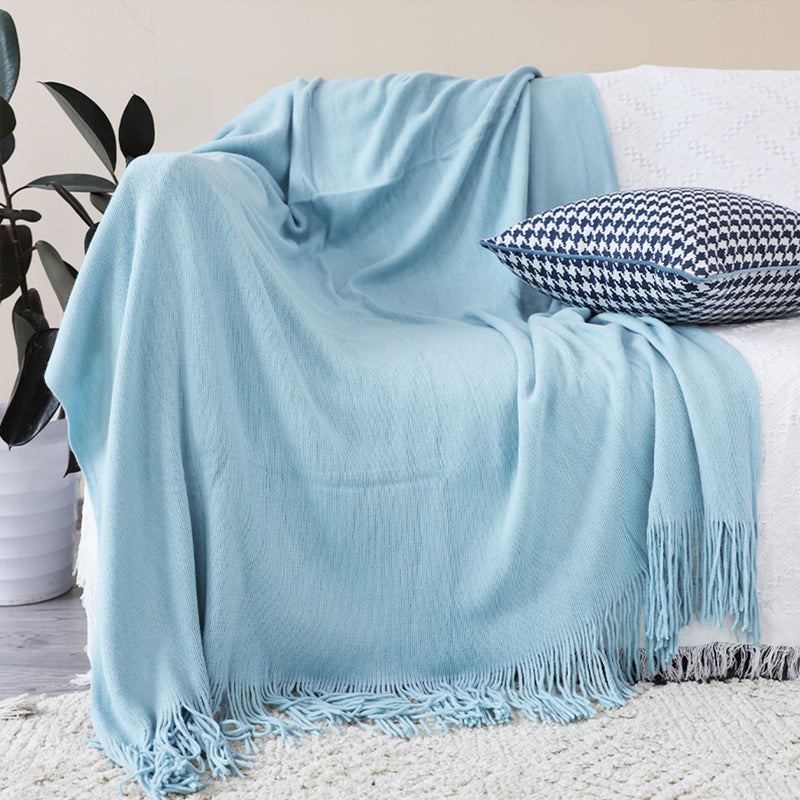 2X Acrylic Knitted Throw Blanket 130cmx220cm Fringed Sky Blue