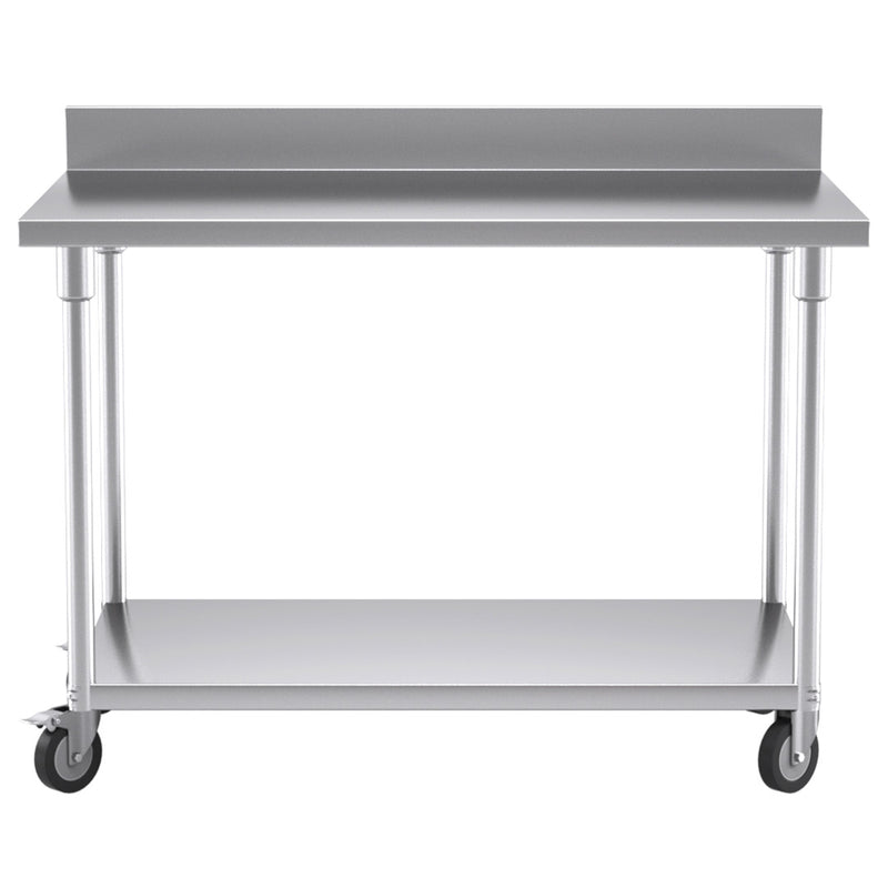 Commercial Kitchen Stainless Steel Prep Table 120cm with Backsplash and Wheels