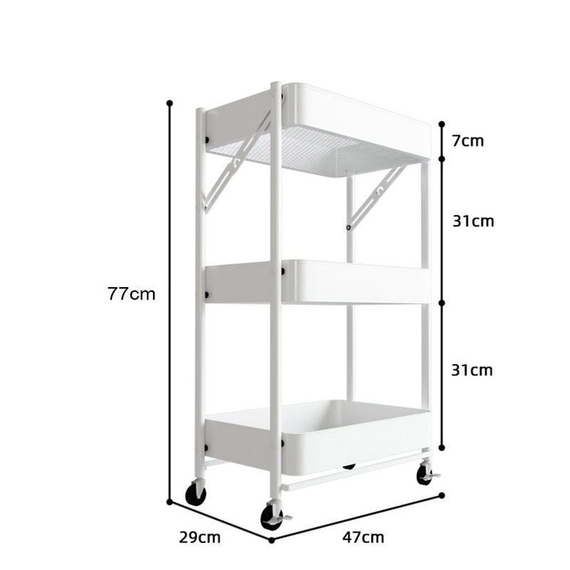 3 Tier Carbon Steel Foldable Kitchen Cart White Locking Wheels 10Kg Per Shelf