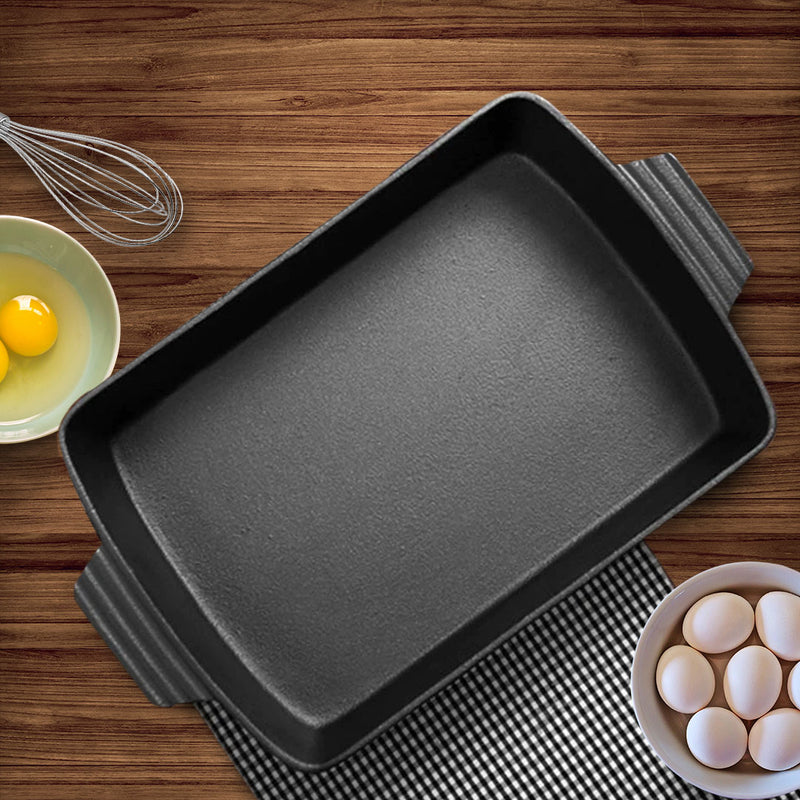 2X Cast Iron Baking Dish 33cm Rectangle Non-Stick Easy Clean Black Handles