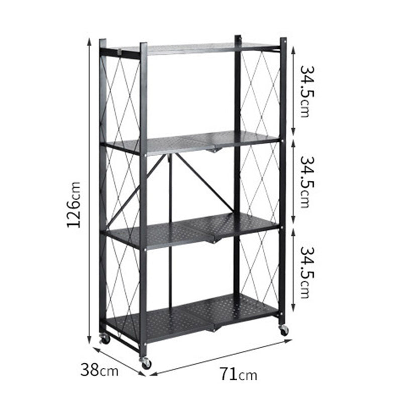 4 Tier Black Steel Foldable Kitchen Cart With Wheels Portable Storage Shelves