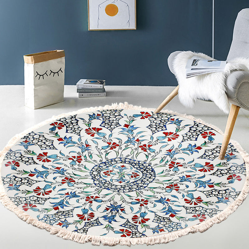 120cm Round Mandala Area Rug Polyester Anti Slip Backing Multicolor