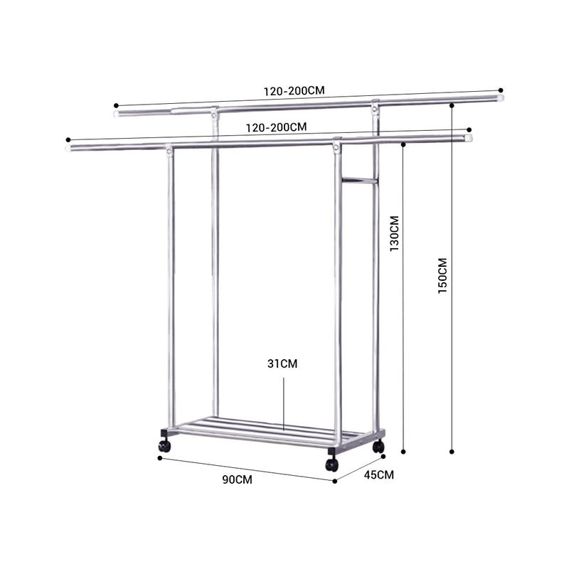 2X Stainless Steel Floor Standing Clothes Rack Double Rod Extendable 120cm