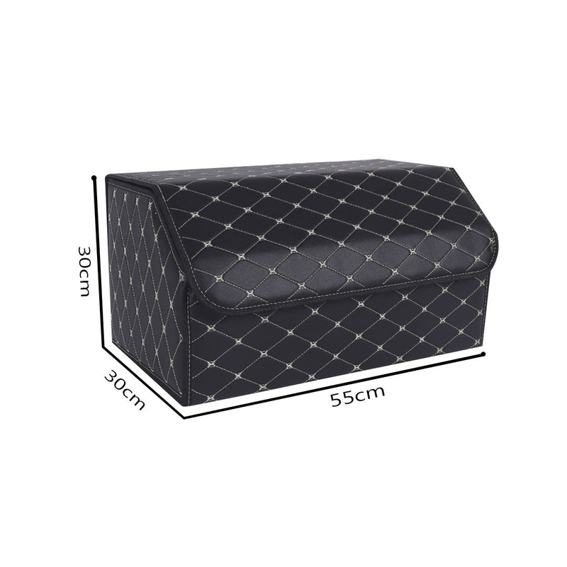 Leather Car Boot Organizer 55x30x30cm 10kg Capacity Black Gold Stitch Foldable