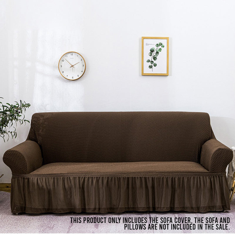 3 Seater Polyester Sofa Slipcover Ruffled Skirt Stretch Coffee 195 To 230cm