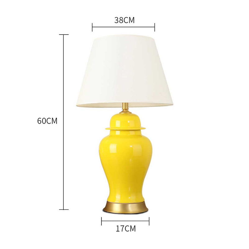 Oval Ceramic Table Lamp Gold Metal Base Drum Fabric Shade Yellow 60cm