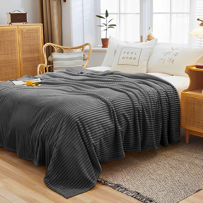2X Grey Flannel Polyester Throw Blanket Warm Cozy Striped Lightweight 200x230cm