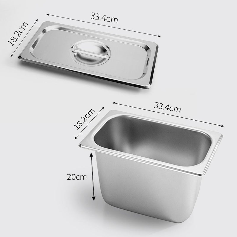 4X 1/3 GN Stainless Steel Gastronorm Pan 33.4x18.2x20cm Deep With Lids