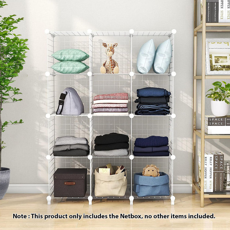 White Portable 12 Cube 3 Column Iron Wire Mesh Storage Organizer 110x37x113cm
