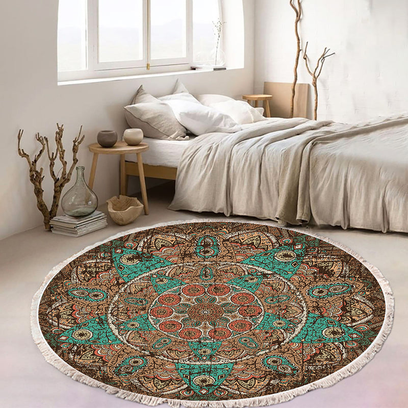 90cm Round Mandala Area Rug Polyester Thick Plush Anti Slip Backing
