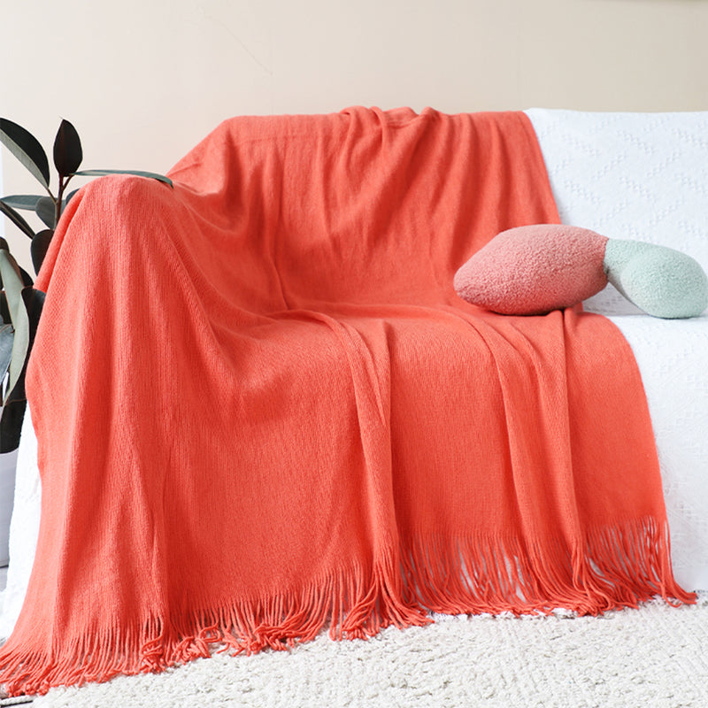 Orange Acrylic Knitted Throw Blanket Solid Fringed 130x220cm Warm Cozy Decor