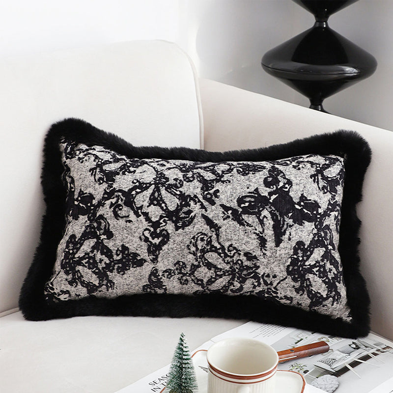 2X 35cm Velvet Lumbar Throw Pillowcase Set Black Herringbone Pattern Plush Feel