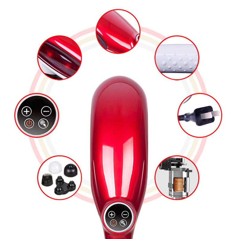 Handheld Massager 6 Interchangeable Heads Dual Speed Deep Tissue Portable Red