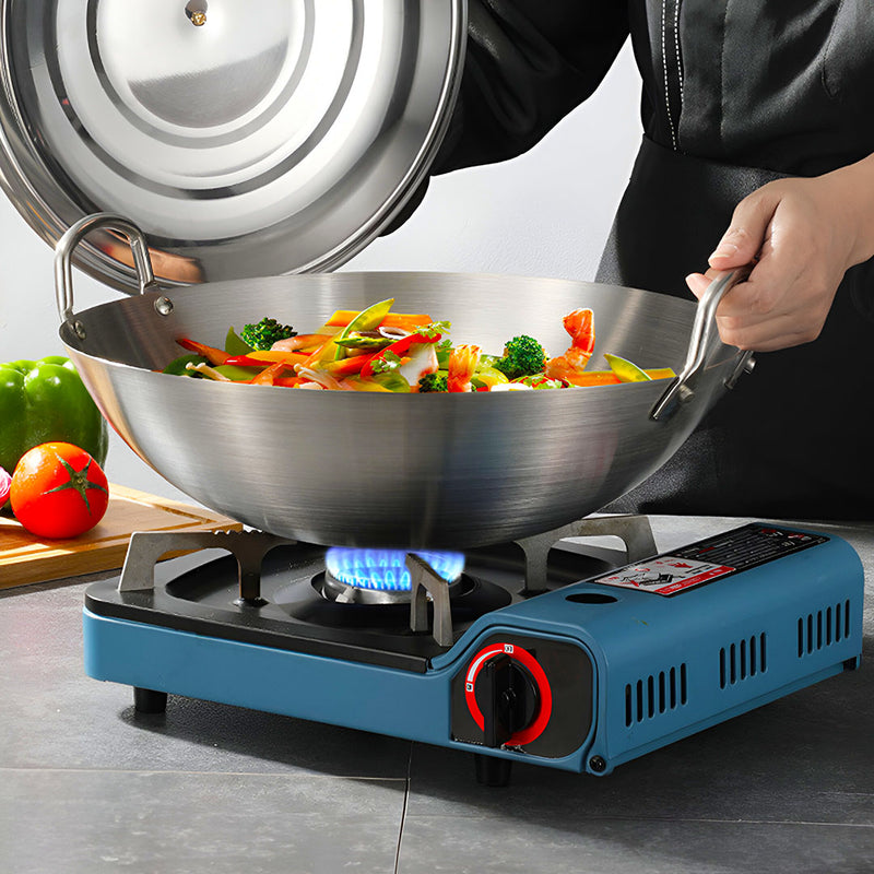 43cm Stainless Steel Wok 2 Sturdy Handles Wood Grip Commercial