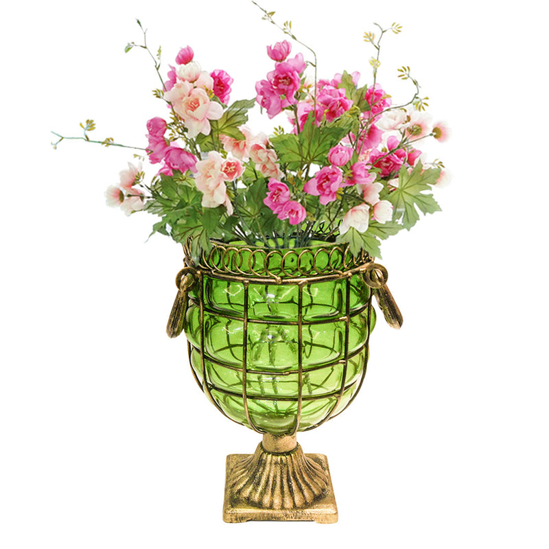 Green Glass Jar Flower Vase Solid Base Metal Handle 10x16x26cm Home Decor