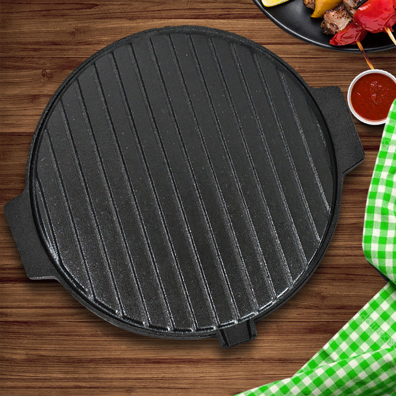 2X 30cm Cast Iron Round Bbq Grill Plate Preseasoned Nonstick With Handles Black