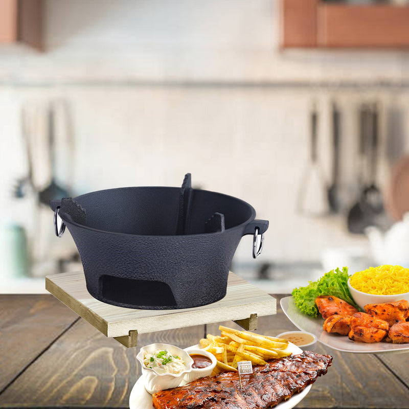 Large Cast Iron Round Table Charcoal Grill Stove 27cm Steel Net Black Wood Base