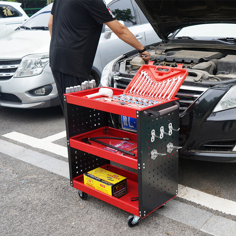 3 Tier Red Tool Storage Cart Portable Heavy Duty Trolley with Hooks