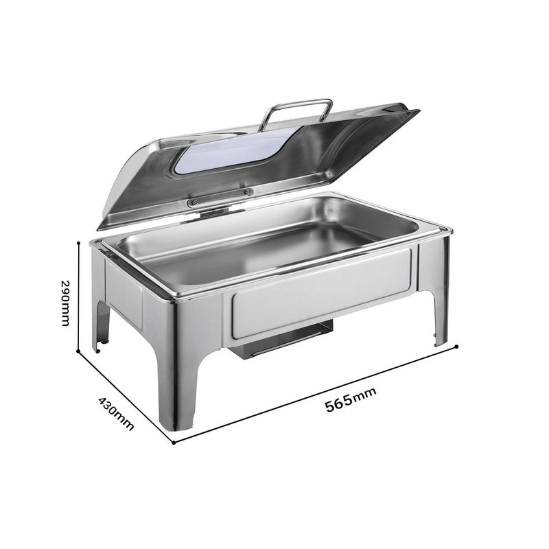 9L Rectangular Stainless Steel Chafer With Roll Top Glass Lid Buffet Warmer