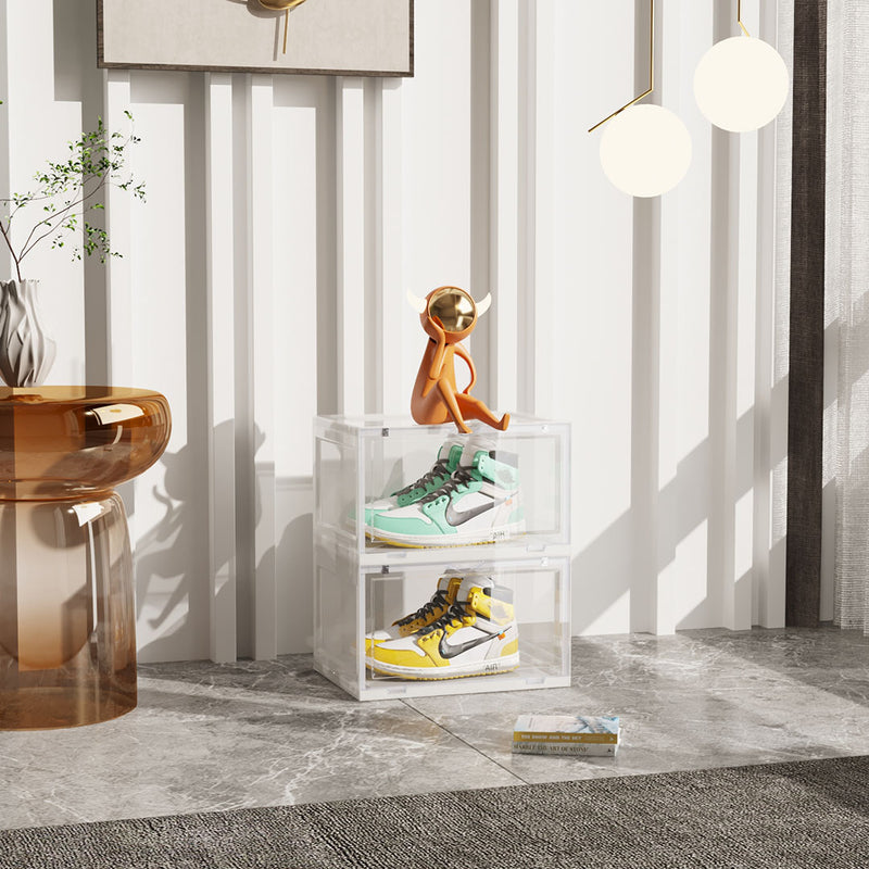 2X 2 Tier Transparent Plastic Shoe Organizer Stackable Ventilated Magnetic Door