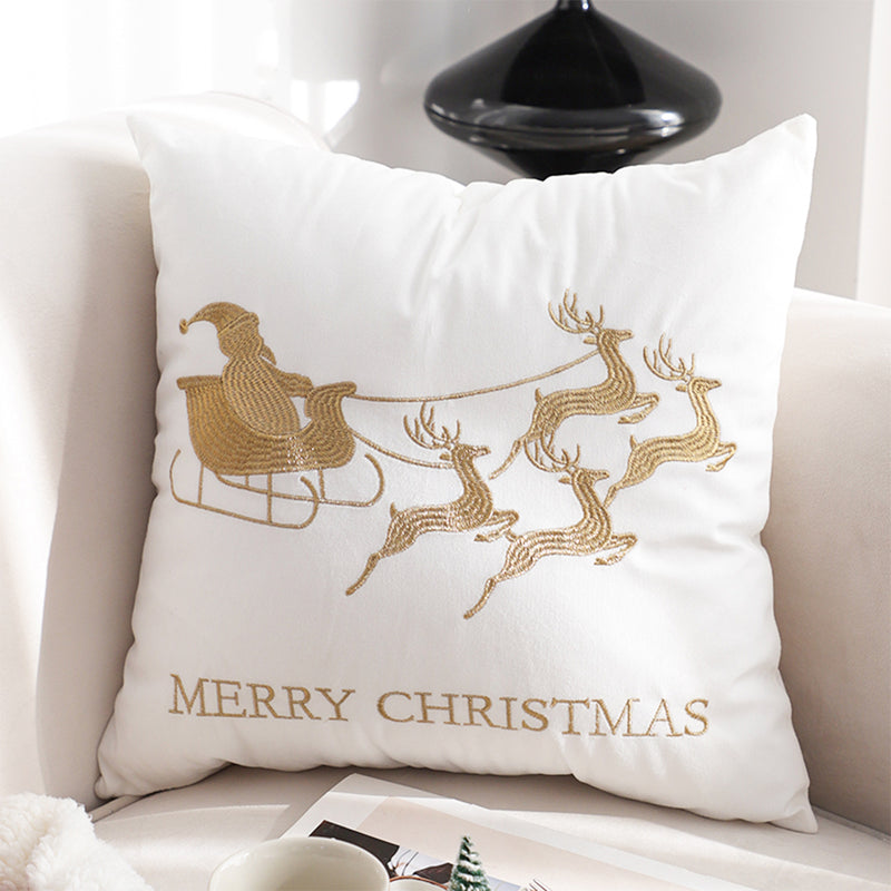 45cm White Plush Throw Pillow Square Golden Christmas Sleigh Holiday Decor