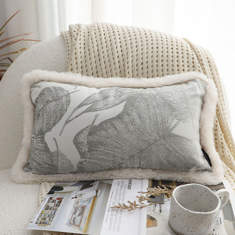 Rectangular Lumbar Throw Pillow Velvet 30x50cm Silver Raised Embroidered Leaf