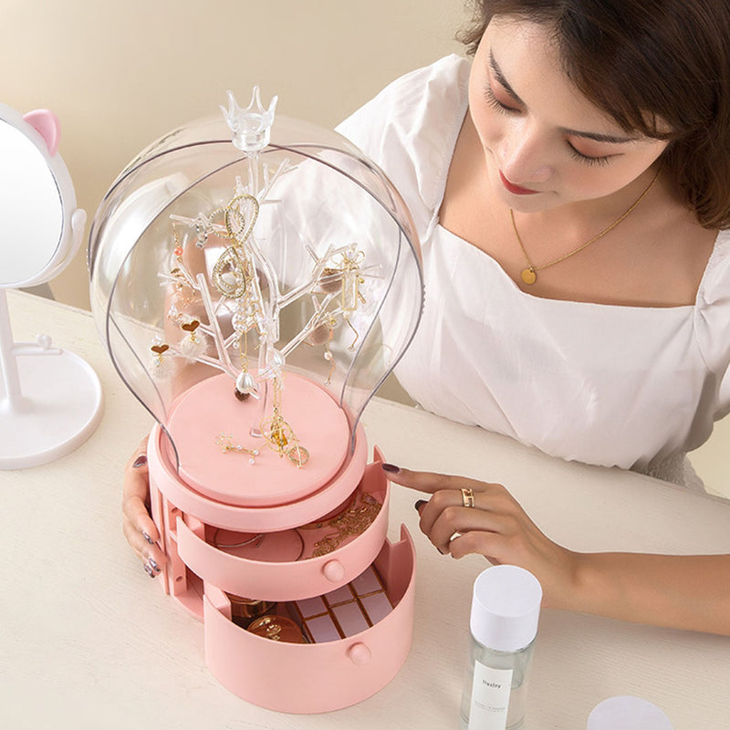 Pink 2 Layer Rotating Jewelry Box Waterproof Dustproof Organizer 360 Degree