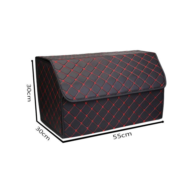 2X Leather Car Boot Organizer Collapsible Portable 55x30x30cm Black Red Stitch