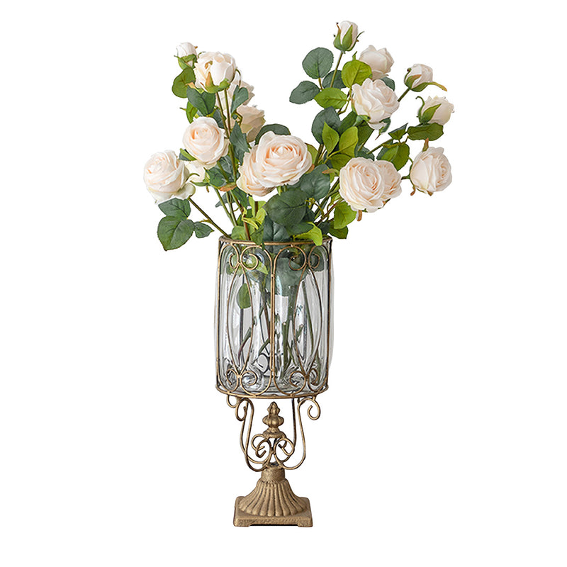 European Clear Glass Cylinder Vase Gold Metal Pattern 38cm Home Decor