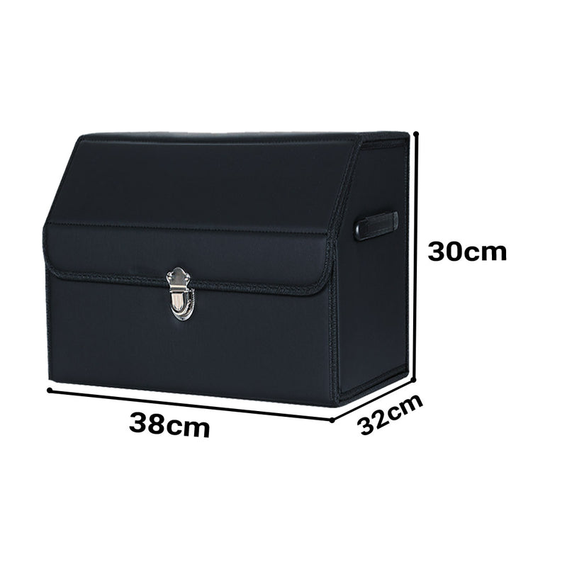 Leather Car Boot Organizer Trunk Storage Box 38x32x30cm Collapsible Lock Black