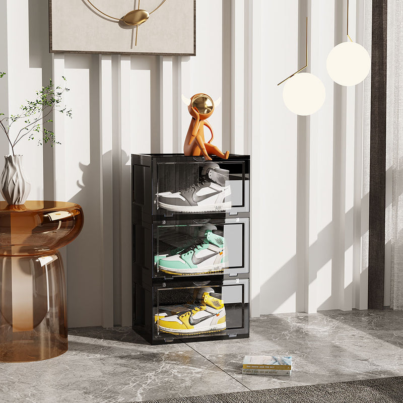 2X 3 Tier Black Portable Shoe Organizer Plastic Stackable Storage Box Magnetic Door