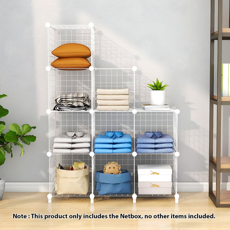 White 9 Cube 3 Column Iron Wire Mesh Storage Organiser 110.5x37x149cm Foldable
