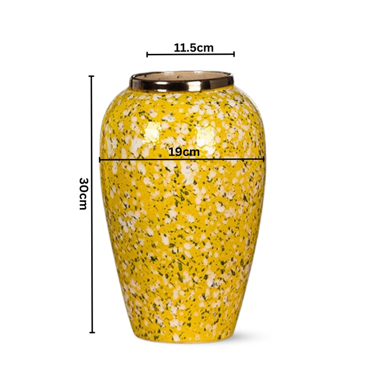 Medium Ceramic Flower Vase 30x19cm Yellow With White Floral Handcrafted