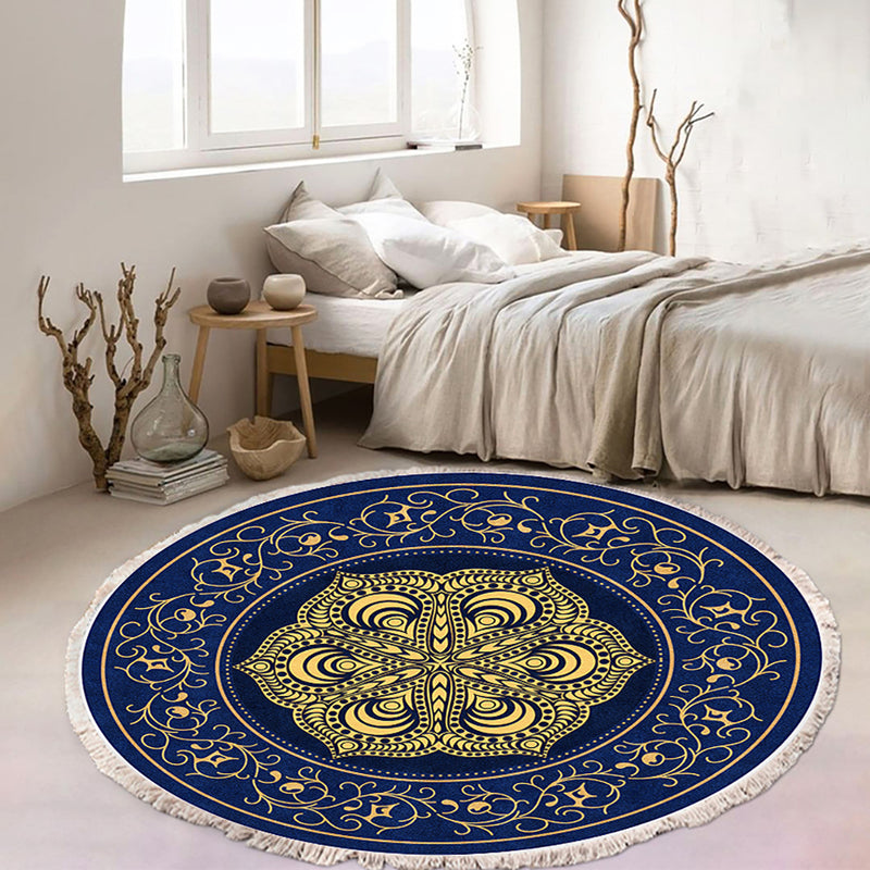 2X 90cm Round Polyester Area Rug Mandala Turquoise Grey Anti Slip Backing