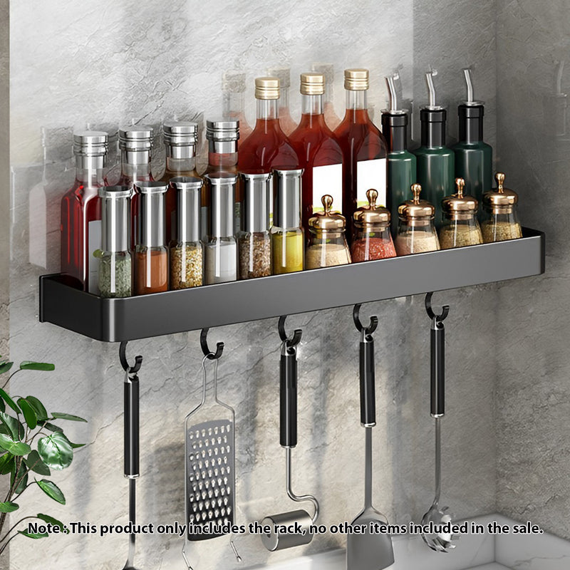 Black Aluminum Wall Mounted Spice Rack Organizer With Hooks 40cm