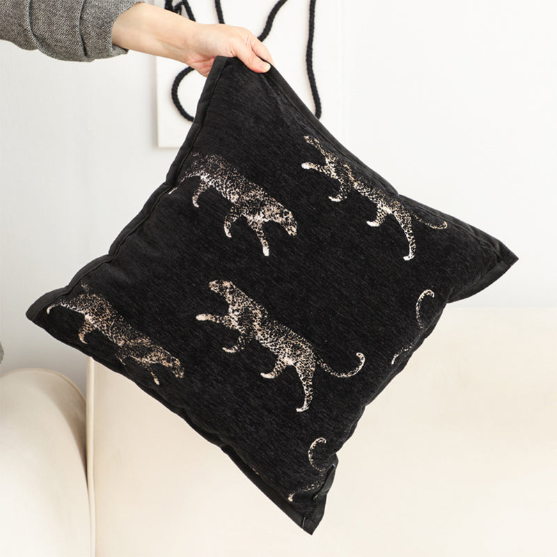 Throw Pillow Polyester Cotton 50x50x18cm Embroidered Panther Black