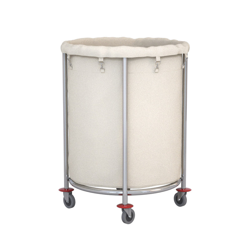 Stainless Steel Round Commercial Linen Cart 32 Inch Tall Oxford Bag Wheels White
