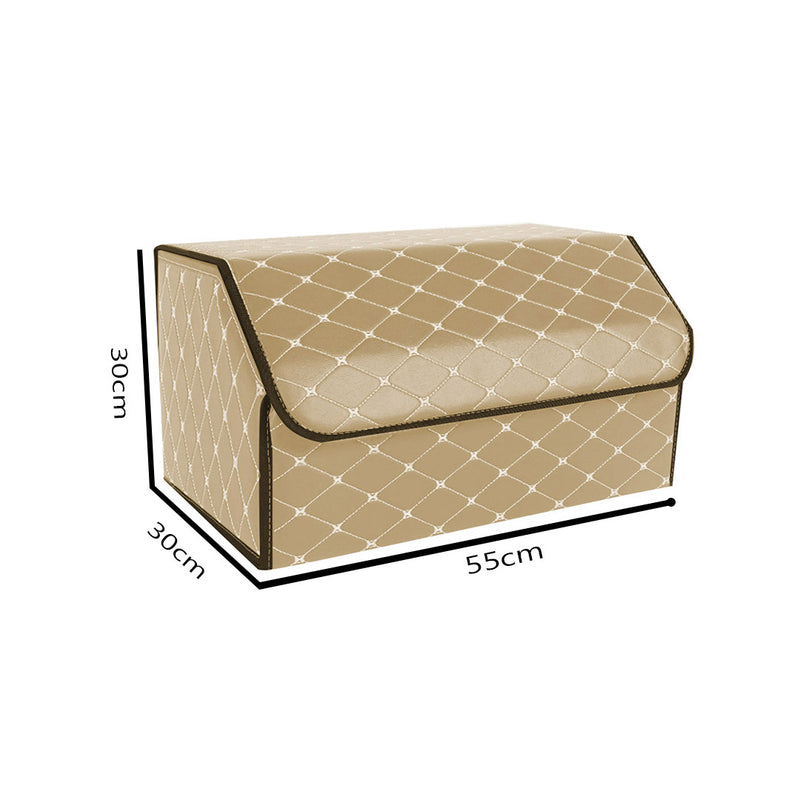 Leather Car Boot Organizer Box 55x30x30cm Collapsible Portable Beige Gold Stitch