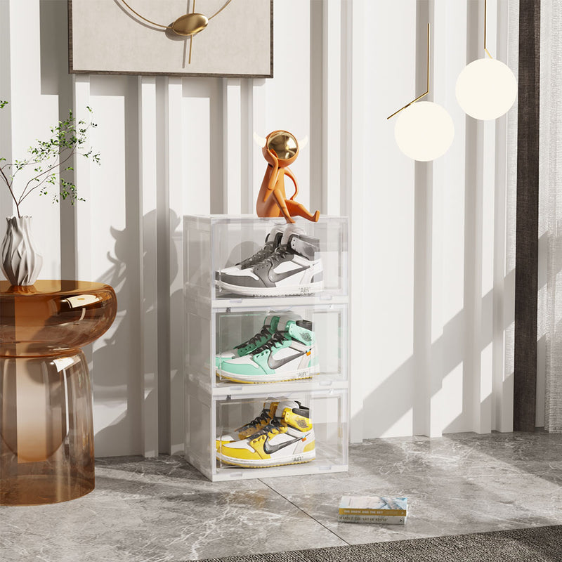 2X Transparent 3 Tier Shoe Organizer Plastic Stackable Box with Magnetic Door