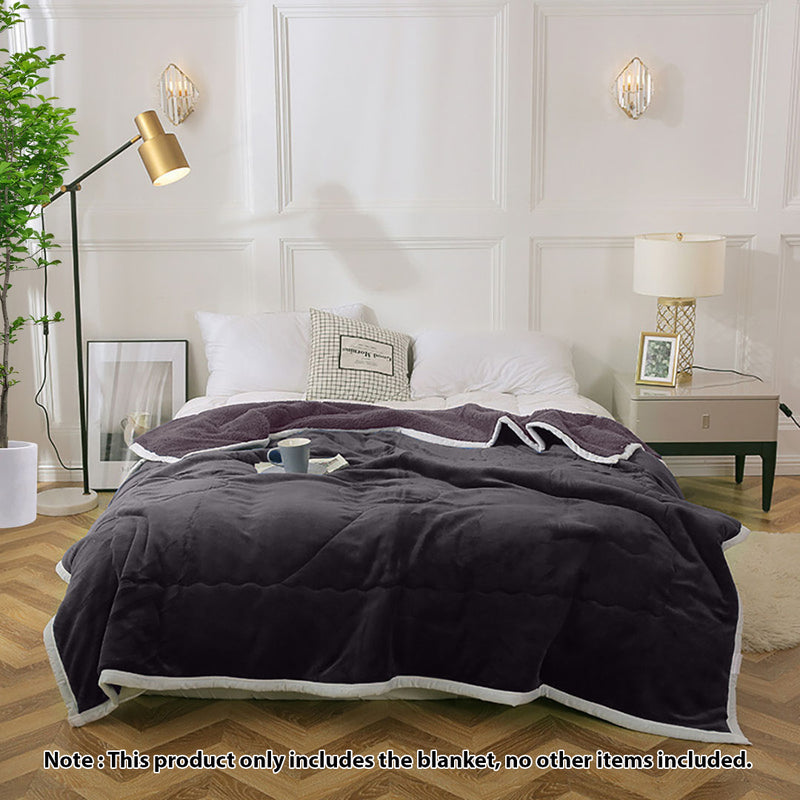 2X Dark Grey Flannel Polyester Throw Blanket 200x220cm Thick Double Sided
