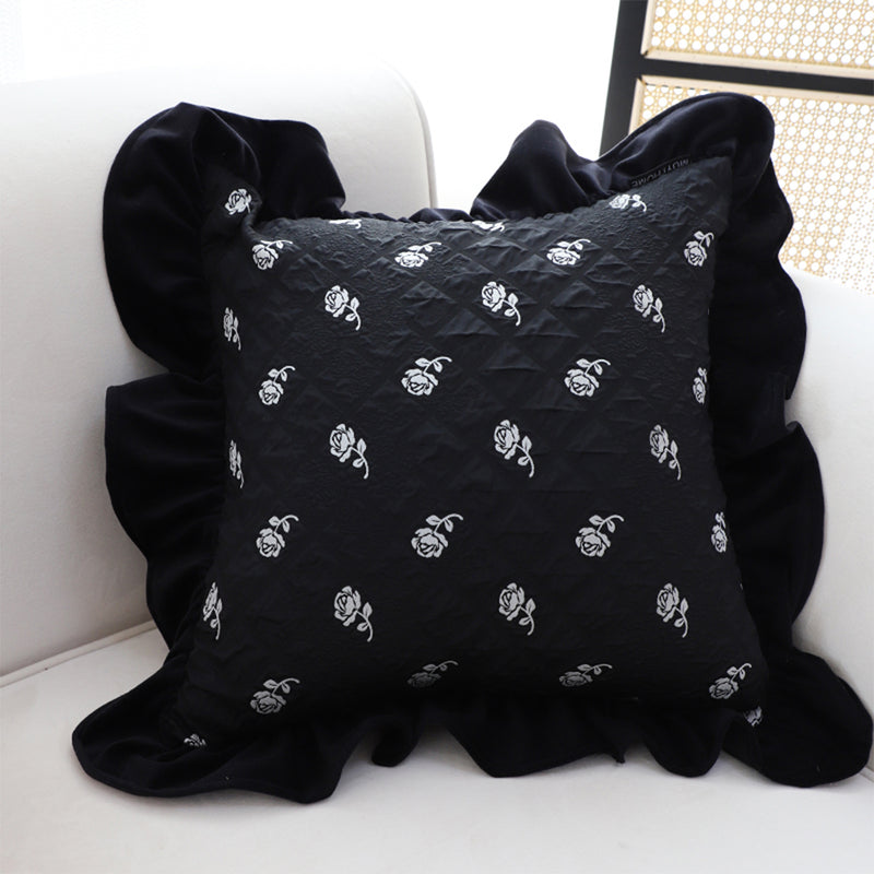 2X 45cm Black Ruffled Square Decorative Pillow Polyester for Sofa Bed Chair